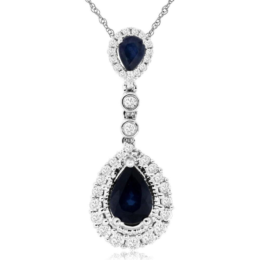 14K White Gold Drop Pendant Necklace with Pear Shape Sapphires and Diamond Halos - 1.00 Carat Total Sapphire Weight and 0.31 Carat Total Diamond Weight - Royal Jewelry