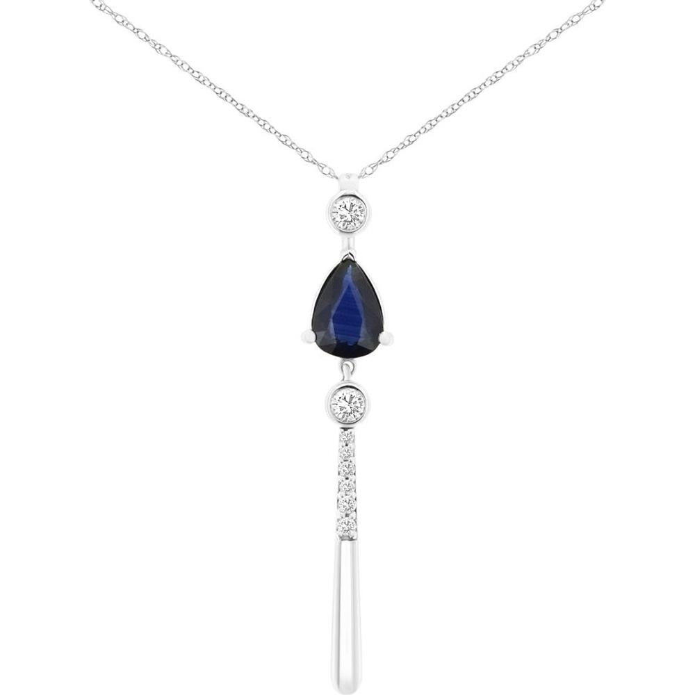 14K White Gold Drop Pendant Necklace with Pear Shaped Sapphire and Round Diamonds - 0.80 Carat Sapphire, 0.14 Carat Total Diamond Weight - Royal Jewelry