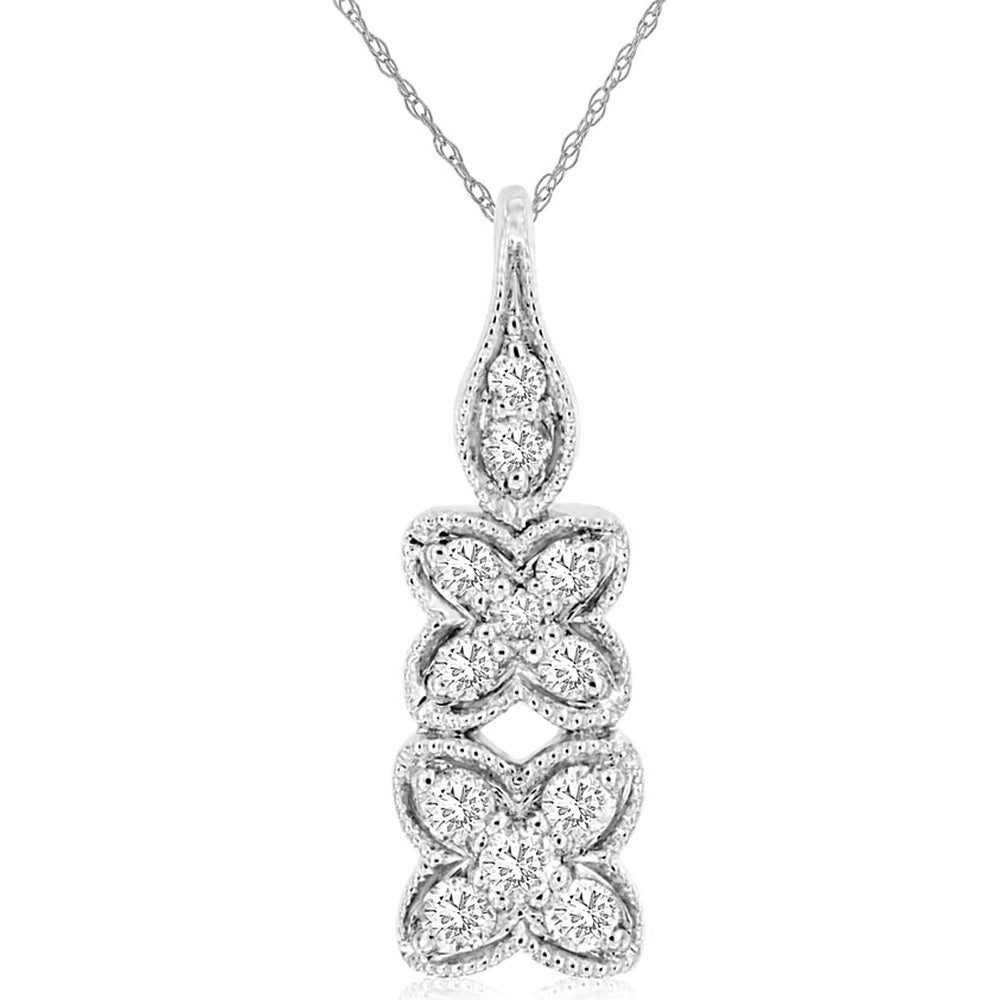 14K White Gold Drop Pendant with Milgrain Floral Design and Prong-Set Round Diamonds - 0.16 Carat Total Diamond Weight - Royal Jewelry