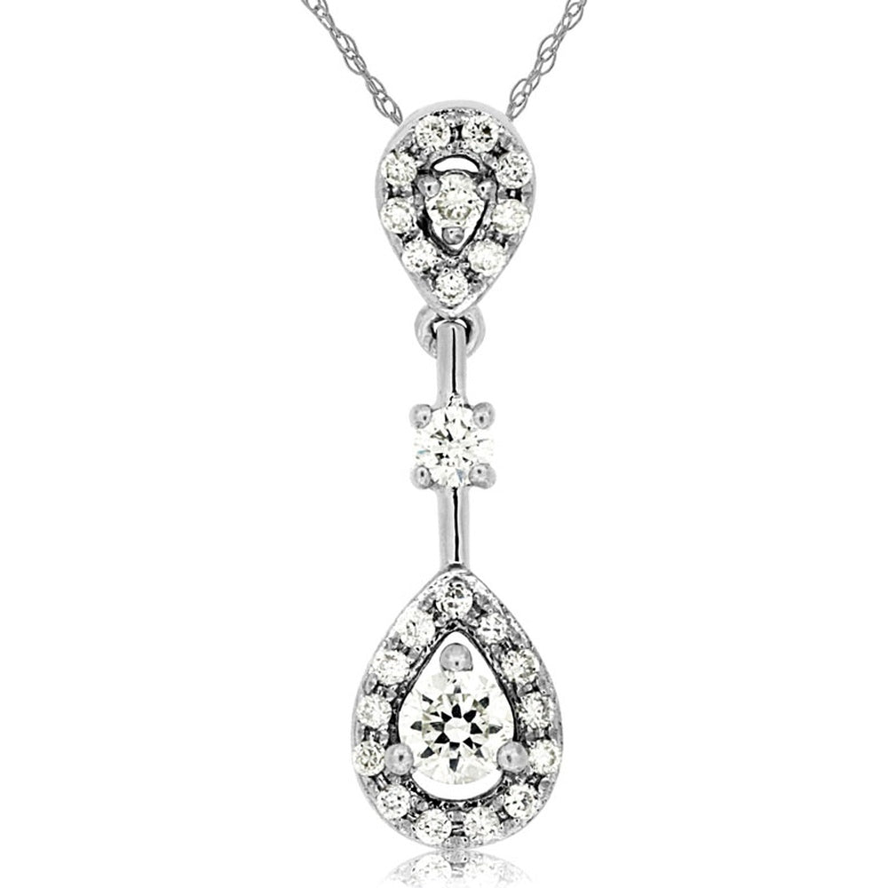 14K White Gold Drop Pendant with Pear-Shaped Halo and Round Diamonds - 0.24 Carat Total Diamond Weight - Royal Jewelry