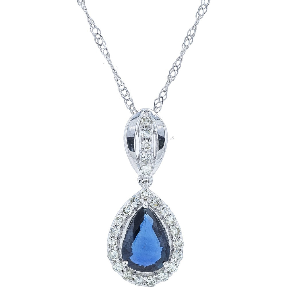 14K White Gold Drop Pendant with Pear-Shaped Sapphire and Diamond Halo - 0.75 Carat Sapphire and 0.15 Carat Total Diamond Weight