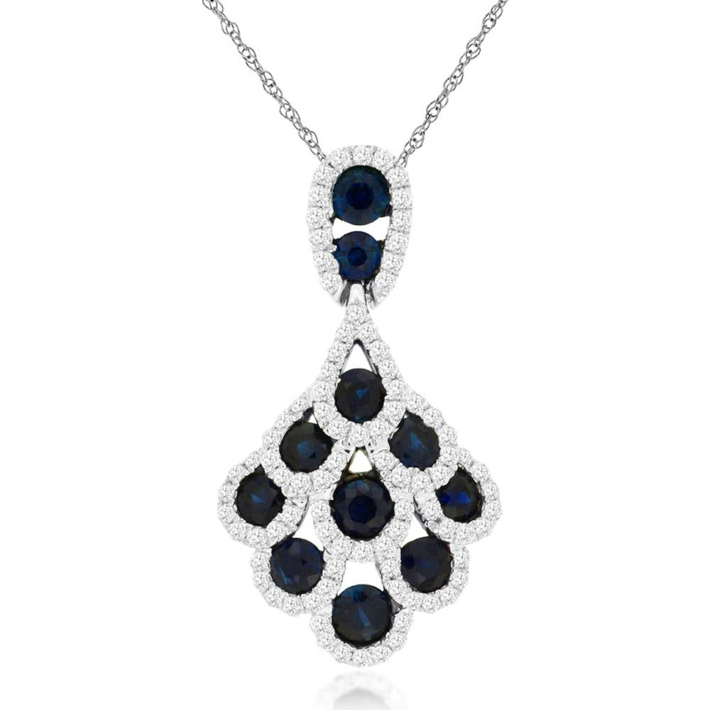 14K White Gold Drop Pendant with Round Sapphires and Diamond Halos - 1.40 Carat Total Sapphire Weight and 0.48 Carat Total Diamond Weight - Royal Jewelry