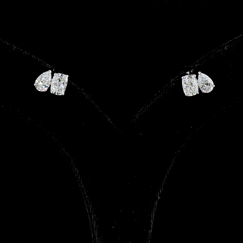 14K White Gold Dual-Shape Stud Earrings with Cushion Brilliant and Pear Lab Diamonds - 2.21 Carat Total Weight - Covaloro Fine Jewelry