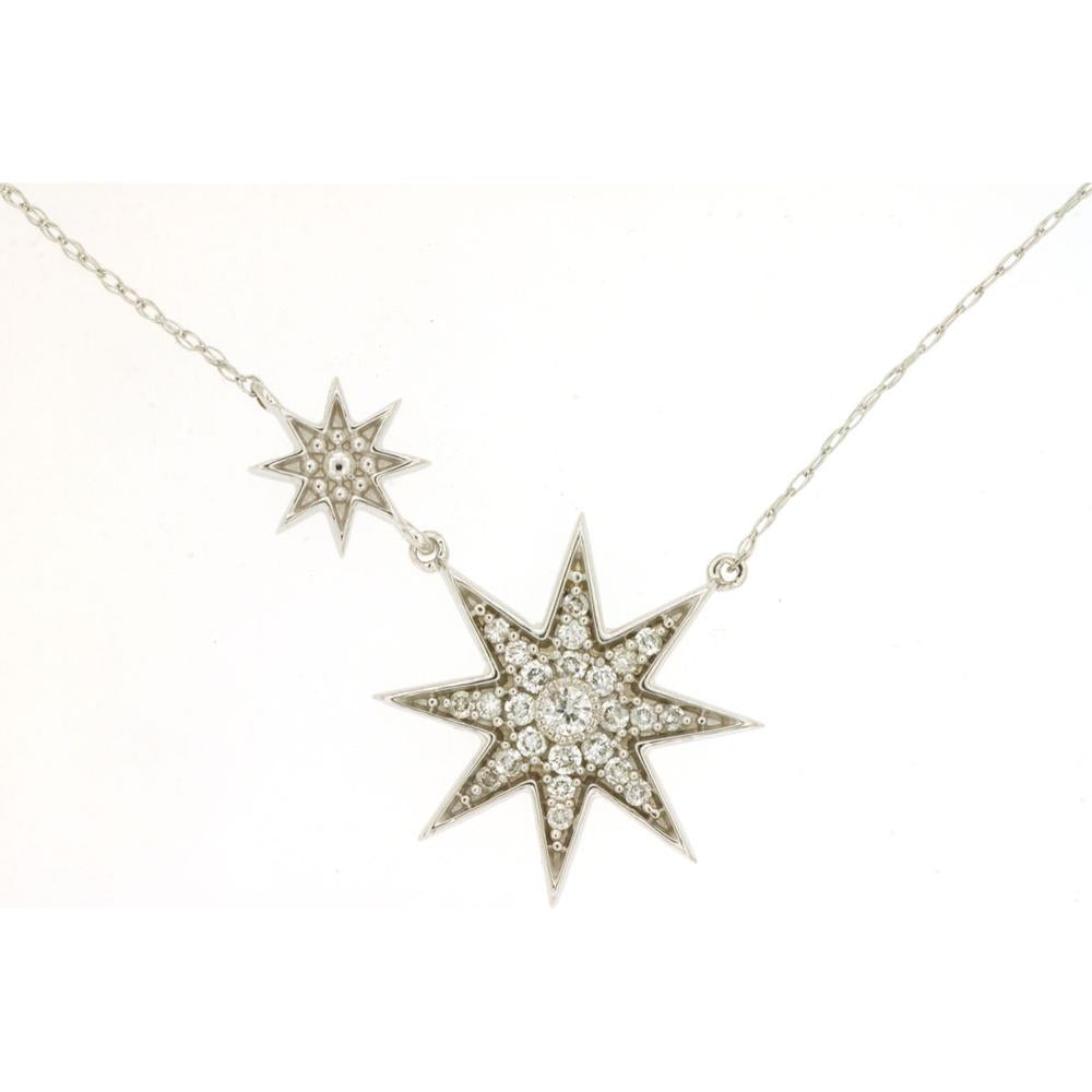 14K White Gold Dual Star Pendant Necklace with Pavé Set Round Diamonds - 0.21 Carat Total Diamond Weight - Royal Jewelry