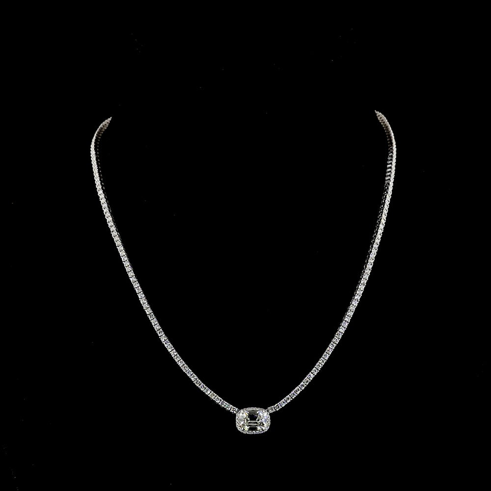 14K White Gold East-West Antique Cushion Cut Diamond Tennis Necklace with Brilliant Round Accents - 7.05 Carats Total Diamond Weight - Covaloro Fine Jewelry