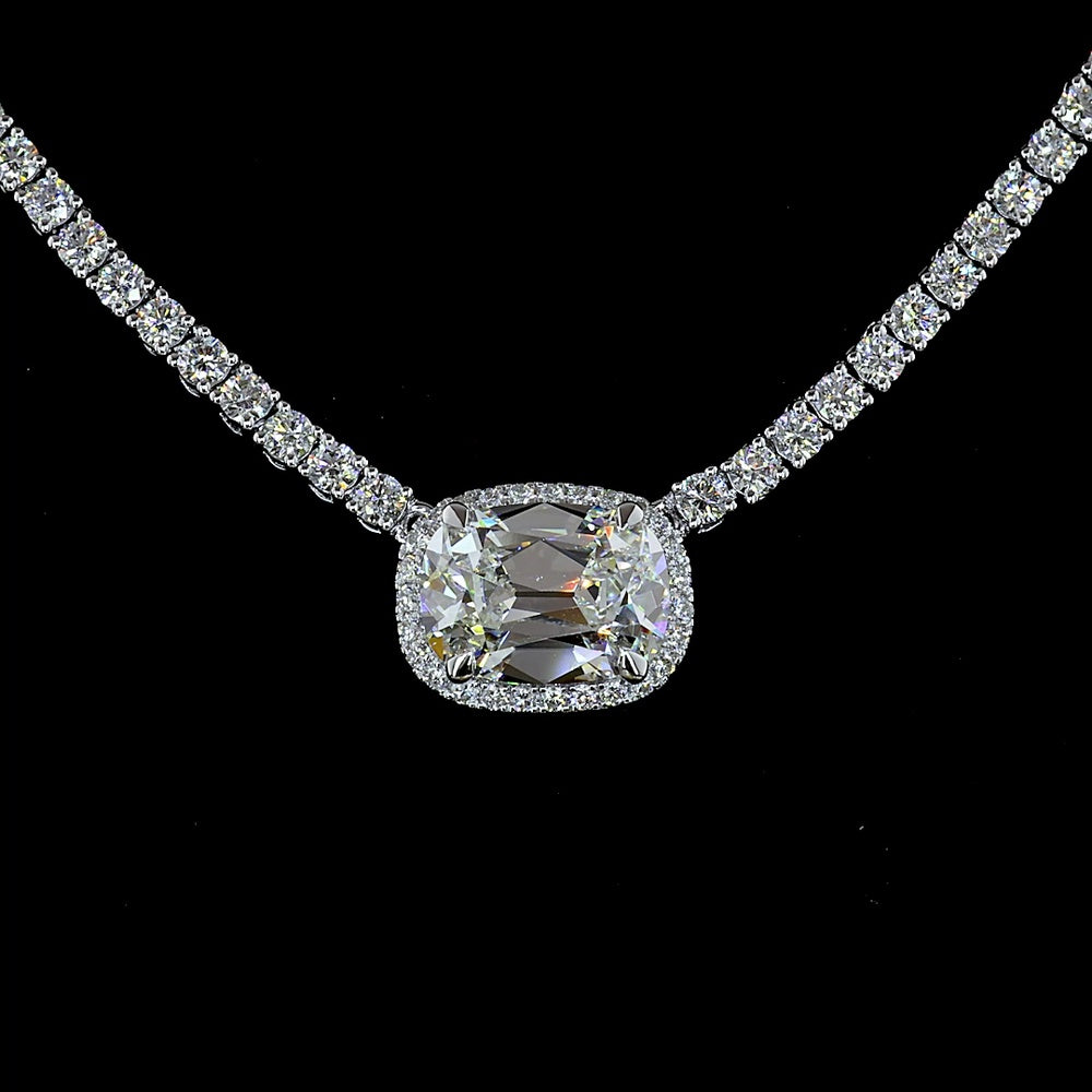 14K White Gold East-West Antique Cushion Cut Diamond Tennis Necklace with Brilliant Round Accents - 7.05 Carats Total Diamond Weight - Covaloro Fine Jewelry