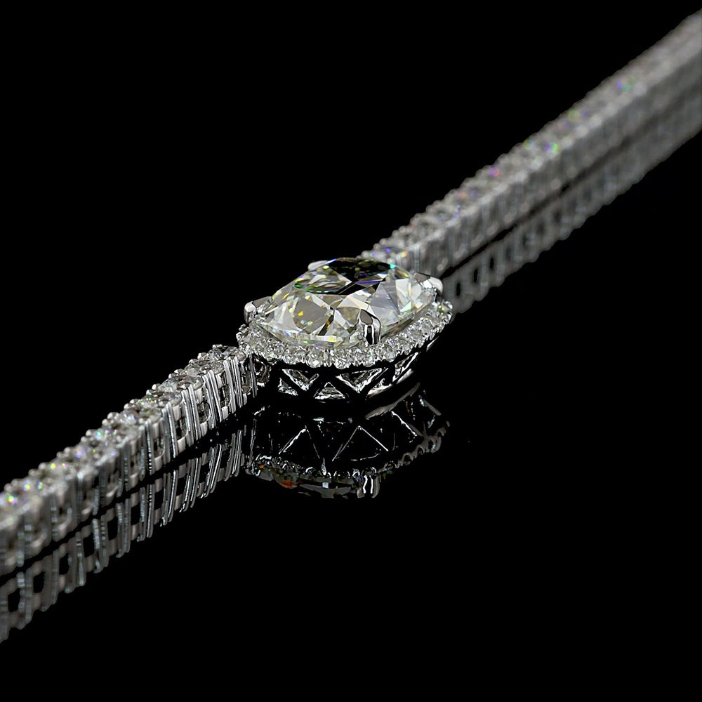 14K White Gold East-West Antique Cushion Cut Diamond Tennis Necklace with Brilliant Round Accents - 7.05 Carats Total Diamond Weight - Covaloro Fine Jewelry
