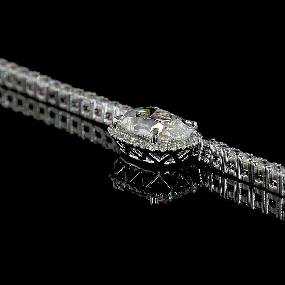 14K White Gold East-West Antique Cushion Cut Diamond Tennis Necklace with Brilliant Round Accents - 7.05 Carats Total Diamond Weight - Covaloro Fine Jewelry