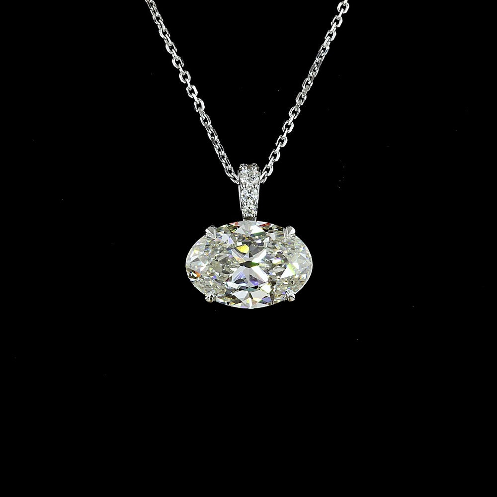 14K White Gold East-West Antique Oval Cut Lab Diamond Pendant with Brilliant Round Accents - 3.81 Carats Total Diamond Weight - Covaloro Fine Jewelry