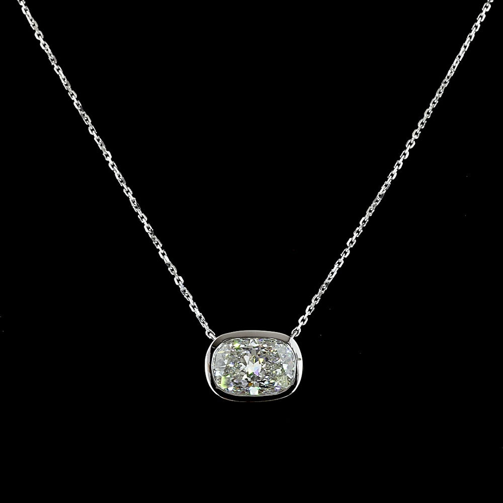 14K White Gold East-West Bezel Set Cushion Cut Lab Diamond Solitaire Pendant - 3.14 Carat E-F VS1 IGI Certified - Covaloro Fine Jewelry