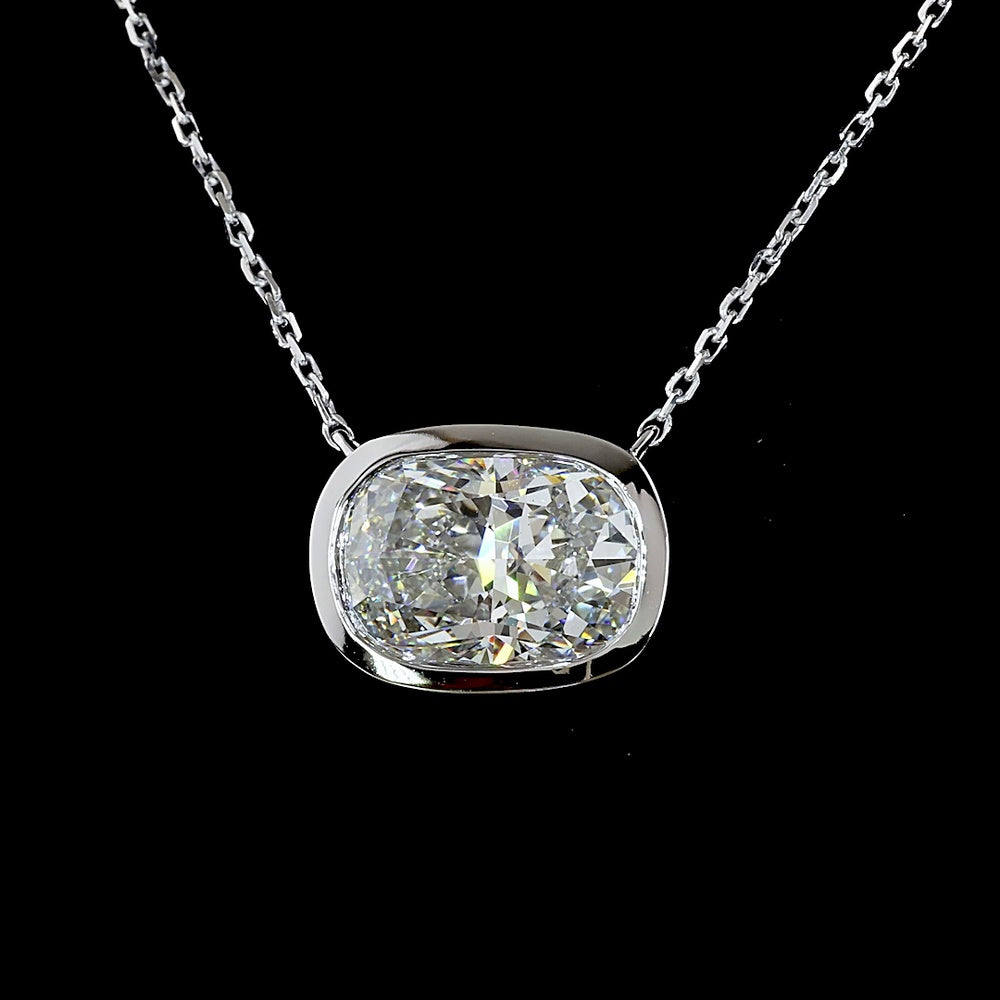 14K White Gold East-West Bezel Set Cushion Cut Lab Diamond Solitaire Pendant - 3.14 Carat E-F VS1 IGI Certified - Covaloro Fine Jewelry