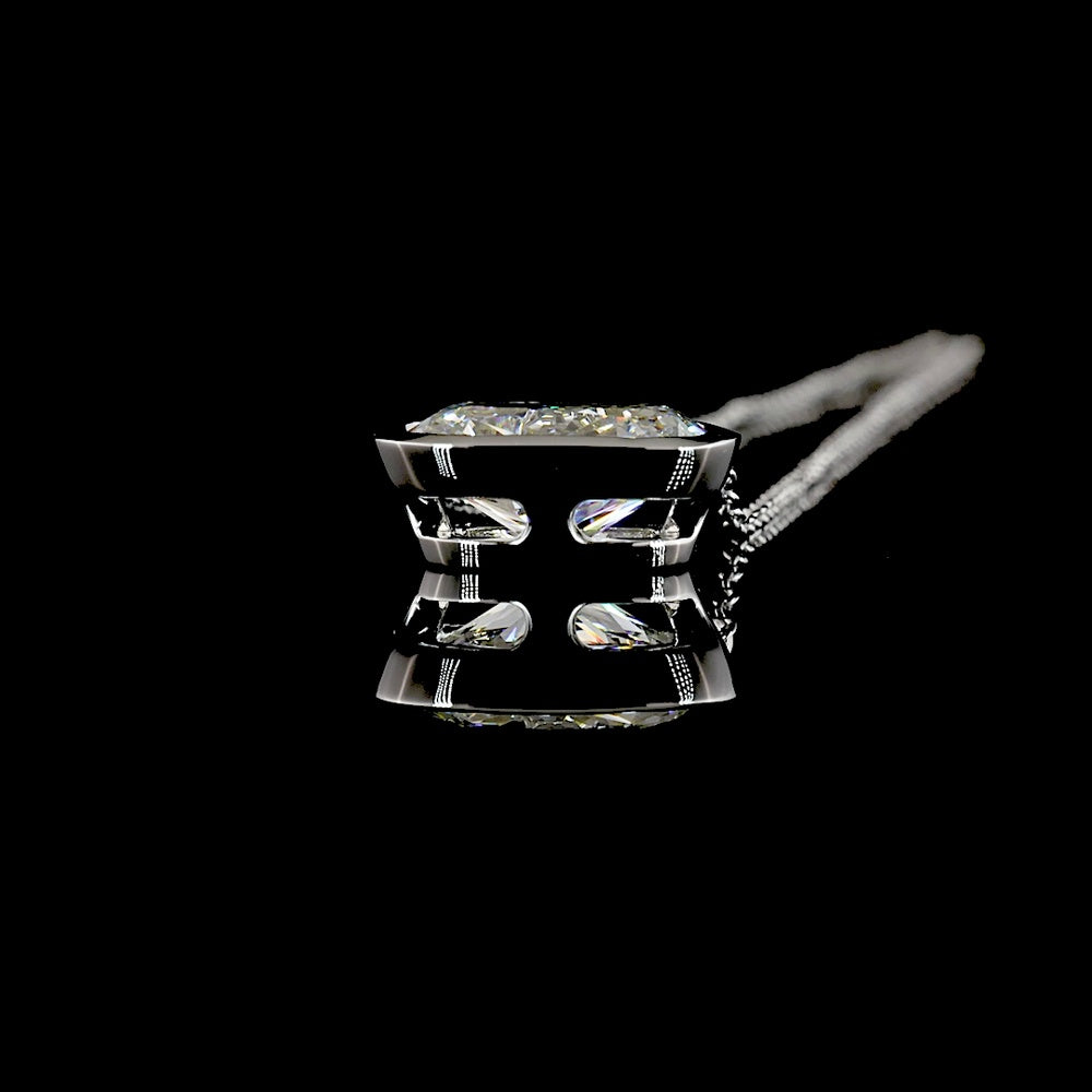 14K White Gold East-West Bezel Set Cushion Cut Lab Diamond Solitaire Pendant - 3.14 Carat E-F VS1 IGI Certified - Covaloro Fine Jewelry