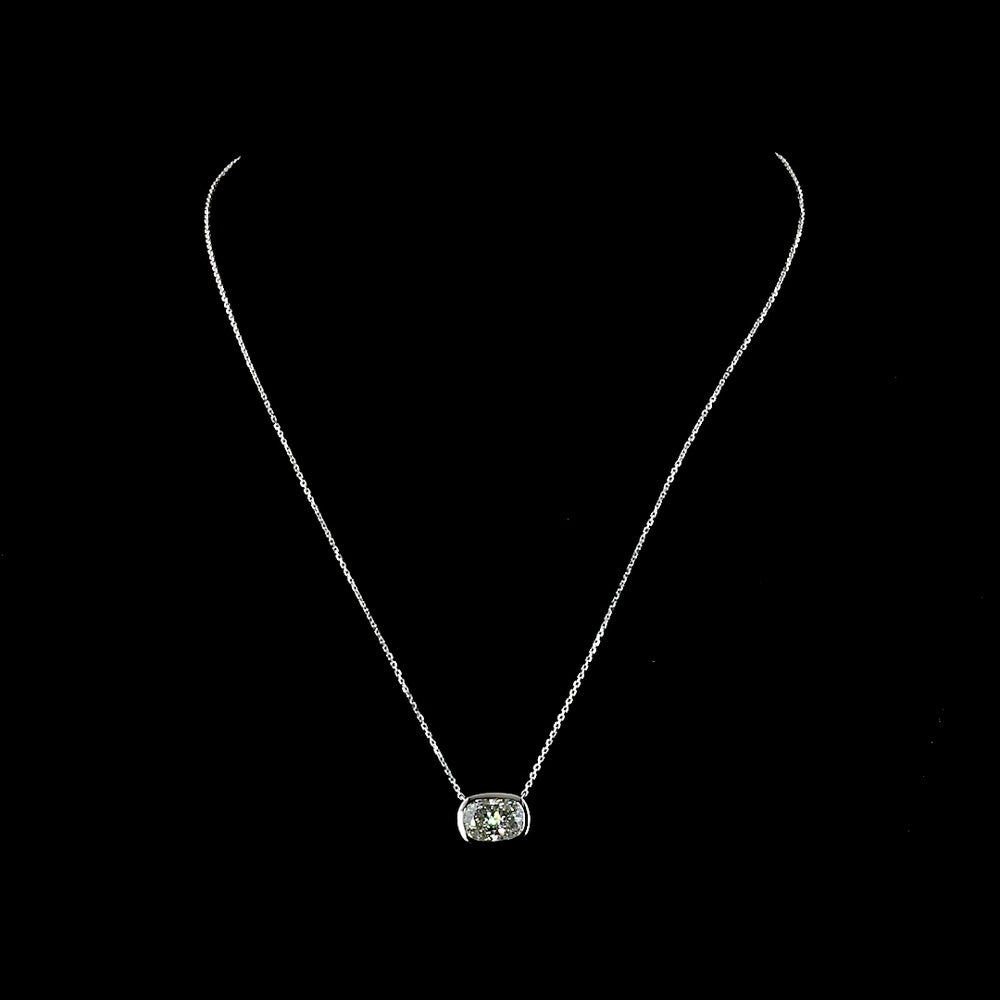 14K White Gold East-West Bezel Set Cushion Cut Lab Diamond Solitaire Pendant - 3.14 Carat E-F VS1 IGI Certified - Covaloro Fine Jewelry