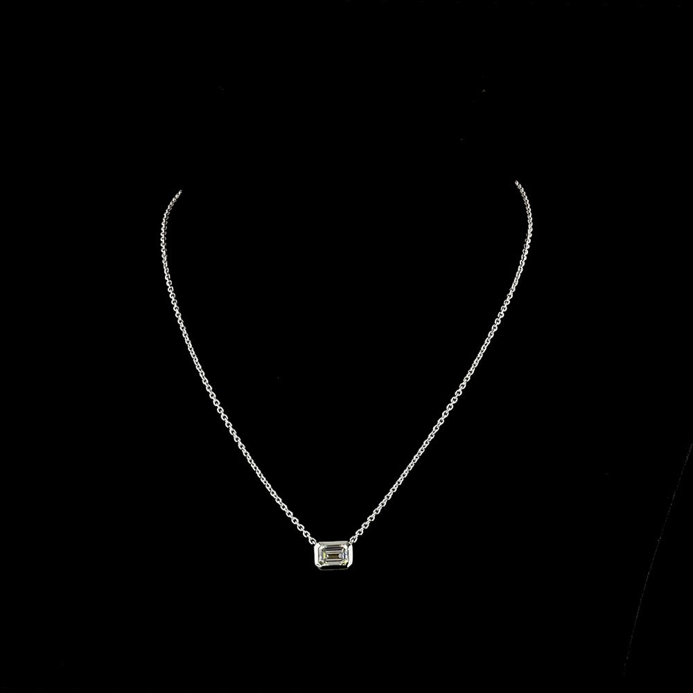 14K White Gold East-West Bezel Set Emerald Cut Lab Diamond Solitaire Necklace - 1.75 Carat Total Diamond Weight - Covaloro Fine Jewelry