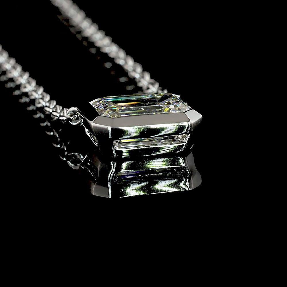 14K White Gold East-West Bezel Set Emerald Cut Lab Diamond Solitaire Necklace - 1.75 Carat Total Diamond Weight - Covaloro Fine Jewelry
