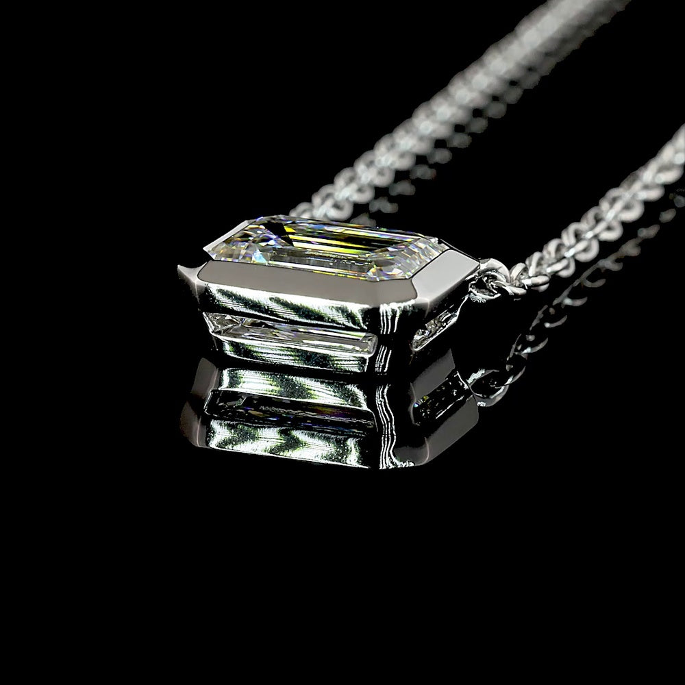 14K White Gold East-West Bezel Set Emerald Cut Lab Diamond Solitaire Necklace - 1.75 Carat Total Diamond Weight - Covaloro Fine Jewelry