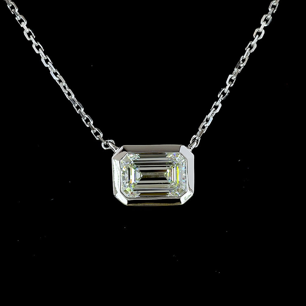 14K White Gold East-West Bezel Set Emerald Cut Lab Diamond Solitaire Pendant - 1.03 Carat, IGI Certified E-F Color - Covaloro Fine Jewelry