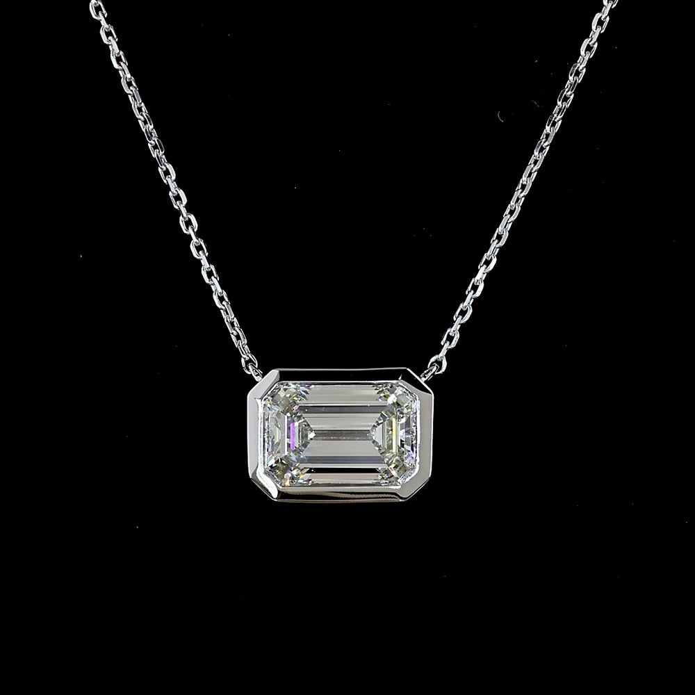 14K White Gold East-West Bezel Set Emerald Cut Lab Diamond Solitaire Pendant - 2.08 Carat Total Weight - Covaloro Fine Jewelry