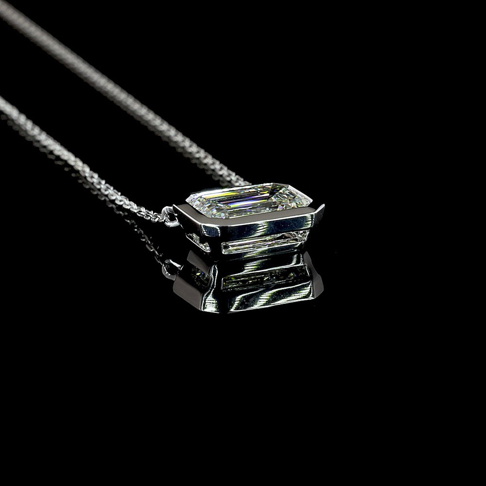 14K White Gold East-West Bezel Set Emerald Cut Lab Diamond Solitaire Pendant - 2.08 Carat Total Weight - Covaloro Fine Jewelry