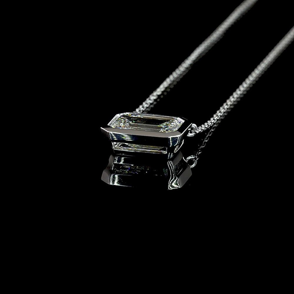 14K White Gold East-West Bezel Set Emerald Cut Lab Diamond Solitaire Pendant - 2.08 Carat Total Weight - Covaloro Fine Jewelry
