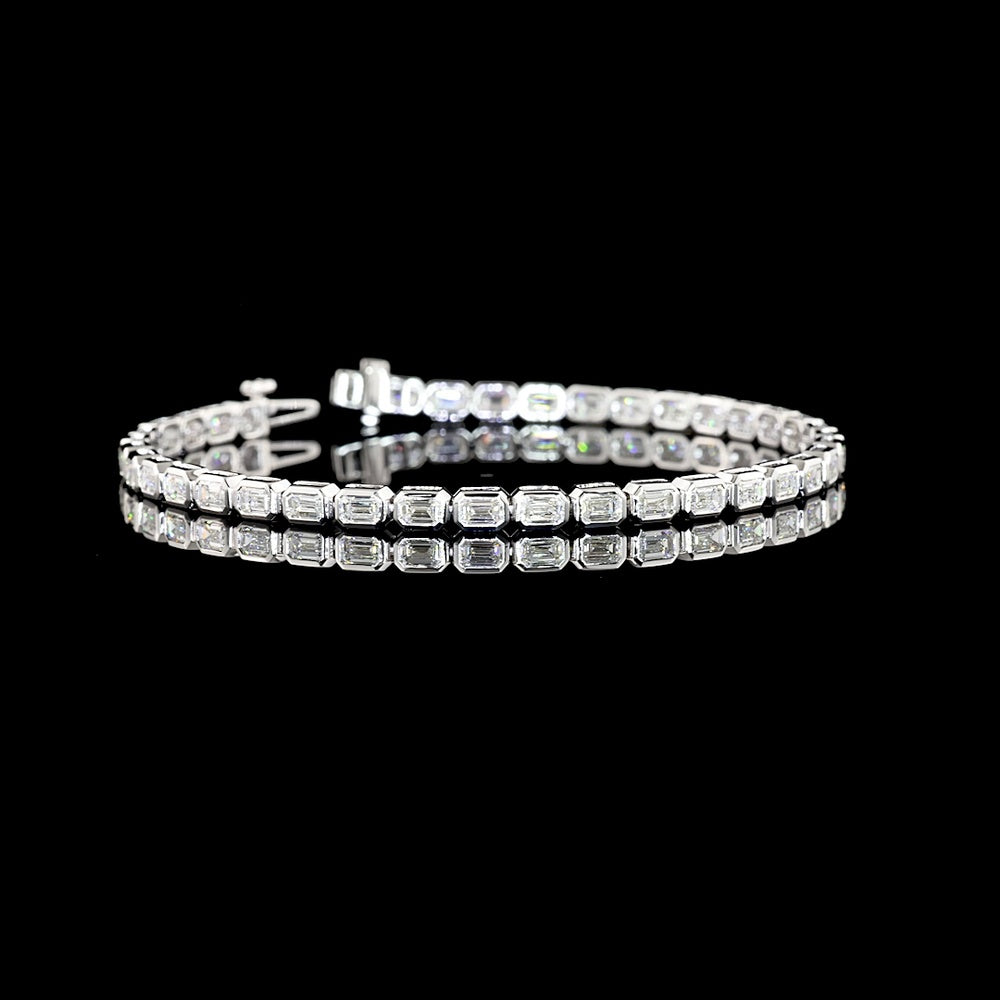 14K White Gold East-West Bezel Set Emerald Cut Lab Diamond Tennis Bracelet - 4.95 Carat Total Weight (39 Stones, E-F VS2) - Covaloro Fine Jewelry