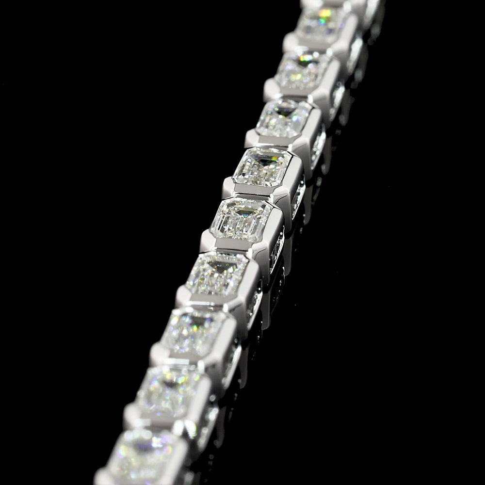 14K White Gold East-West Bezel Set Emerald Cut Lab Diamond Tennis Bracelet - 4.95 Carat Total Weight (39 Stones, E-F VS2) - Covaloro Fine Jewelry