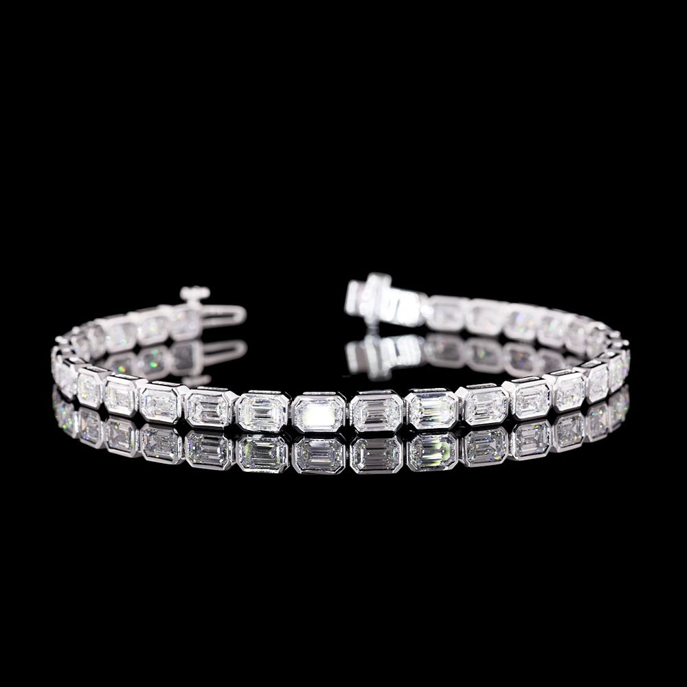14K White Gold East-West Bezel Set Emerald Cut Lab Diamond Tennis Bracelet - 6.93 Carat Total Weight, 31 Stones, E-F VVS2 - Covaloro Fine Jewelry