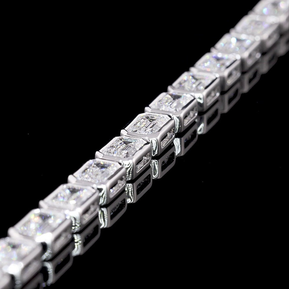 14K White Gold East-West Bezel Set Emerald Cut Lab Diamond Tennis Bracelet - 6.93 Carat Total Weight, 31 Stones, E-F VVS2 - Covaloro Fine Jewelry