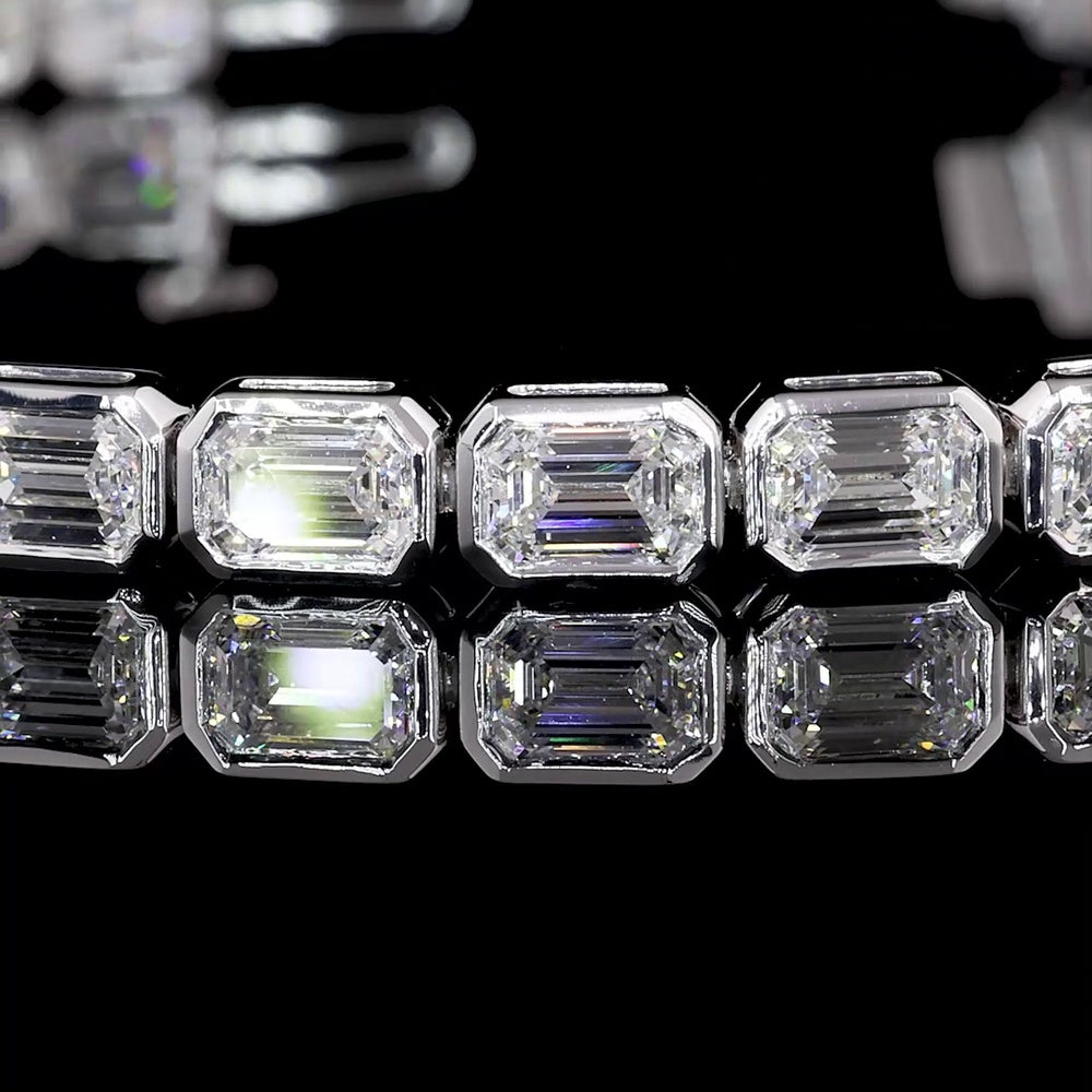 14K White Gold East-West Bezel Set Emerald Cut Lab Diamond Tennis Bracelet - 6.93 Carat Total Weight, 31 Stones, E-F VVS2 - Covaloro Fine Jewelry