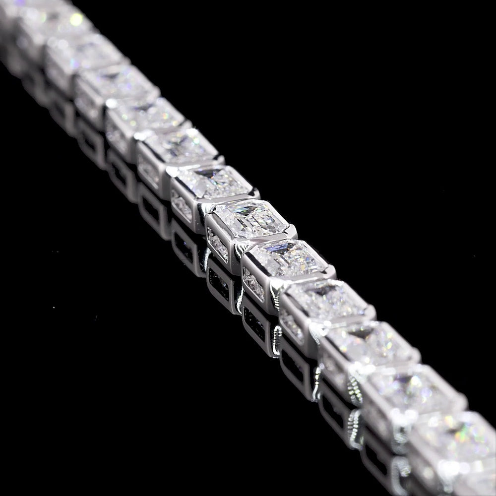 14K White Gold East-West Bezel Set Emerald Cut Lab Diamond Tennis Bracelet - 6.93 Carat Total Weight, 31 Stones, E-F VVS2 - Covaloro Fine Jewelry