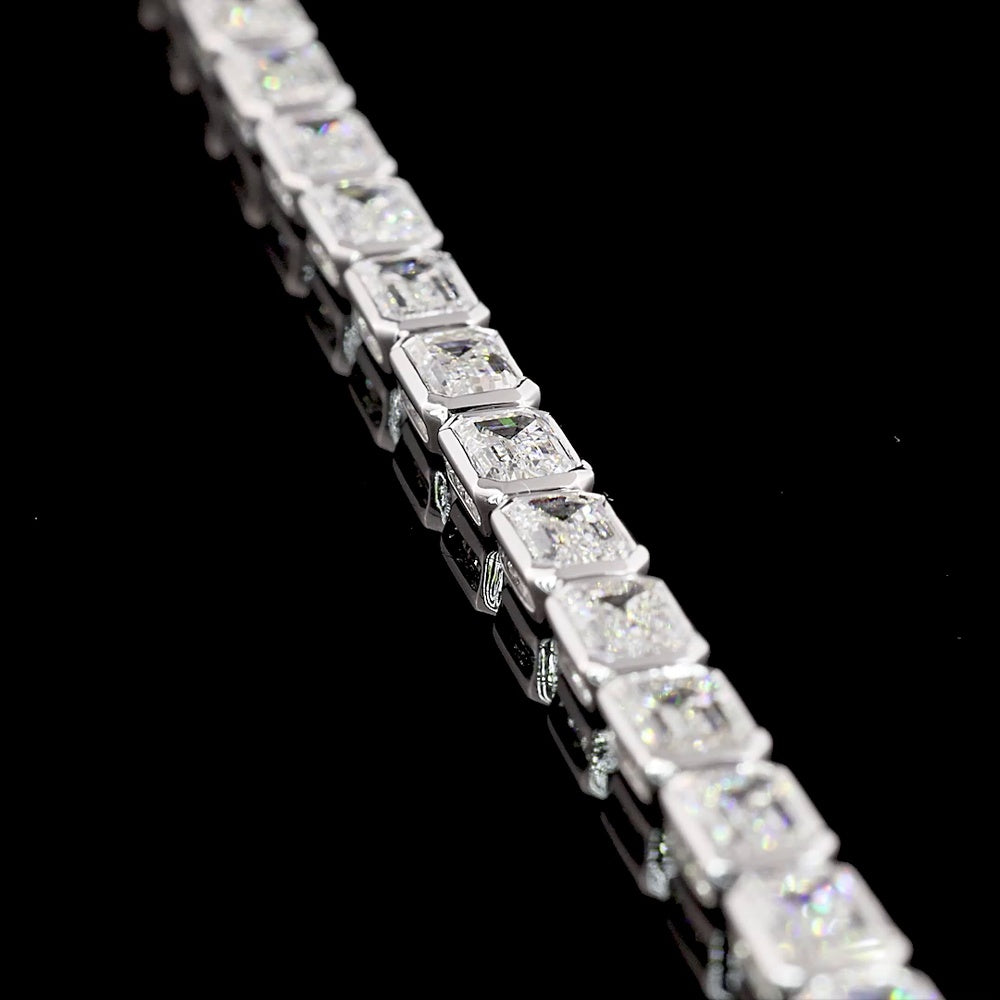 14K White Gold East-West Bezel Set Emerald Cut Lab Diamond Tennis Bracelet - 8.59 Carat Total Weight (D VVS2) - Covaloro Fine Jewelry