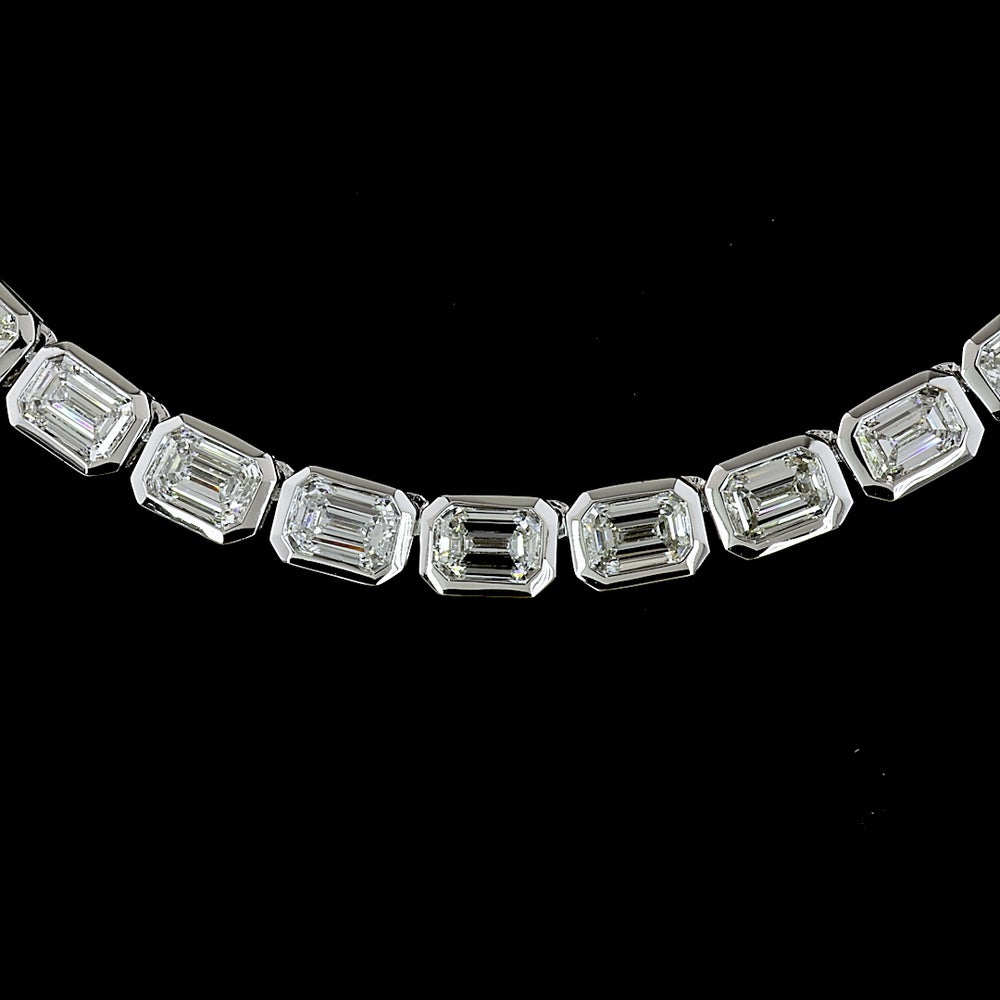 14K White Gold East-West Bezel Set Emerald Cut Lab Diamond Tennis Necklace - 13.35 Carat Total Weight - Covaloro Fine Jewelry