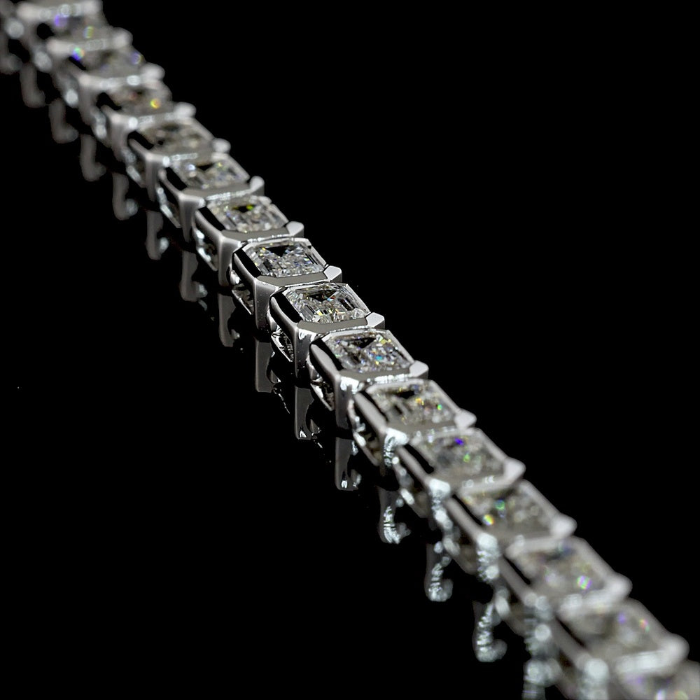 14K White Gold East-West Bezel Set Emerald Cut Lab Diamond Tennis Necklace - 13.35 Carat Total Weight - Covaloro Fine Jewelry