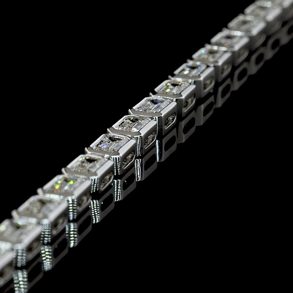 14K White Gold East-West Bezel Set Emerald Cut Lab Diamond Tennis Necklace - 13.35 Carat Total Weight - Covaloro Fine Jewelry