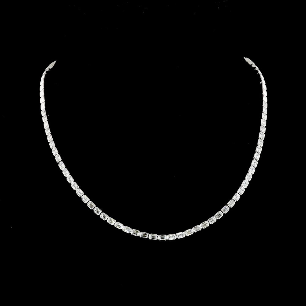 14K White Gold East-West Bezel Set Emerald Cut Lab Diamond Tennis Necklace - 5.44 Carat Total Weight (48 Stones, E-F VS1) - Covaloro Fine Jewelry