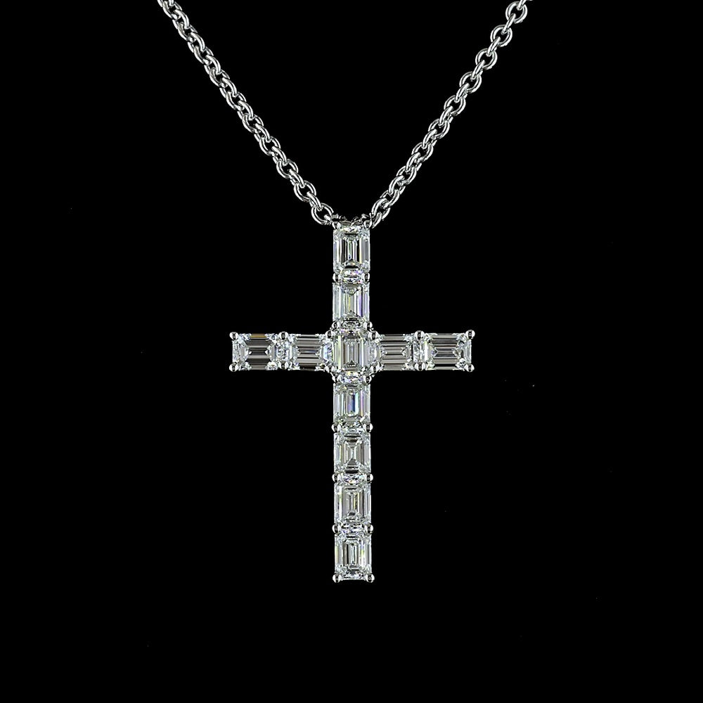 14K White Gold East-West Cross Pendant with 11 Emerald Cut Lab Diamonds - 2.04 Carat Total Weight - Covaloro Fine Jewelry