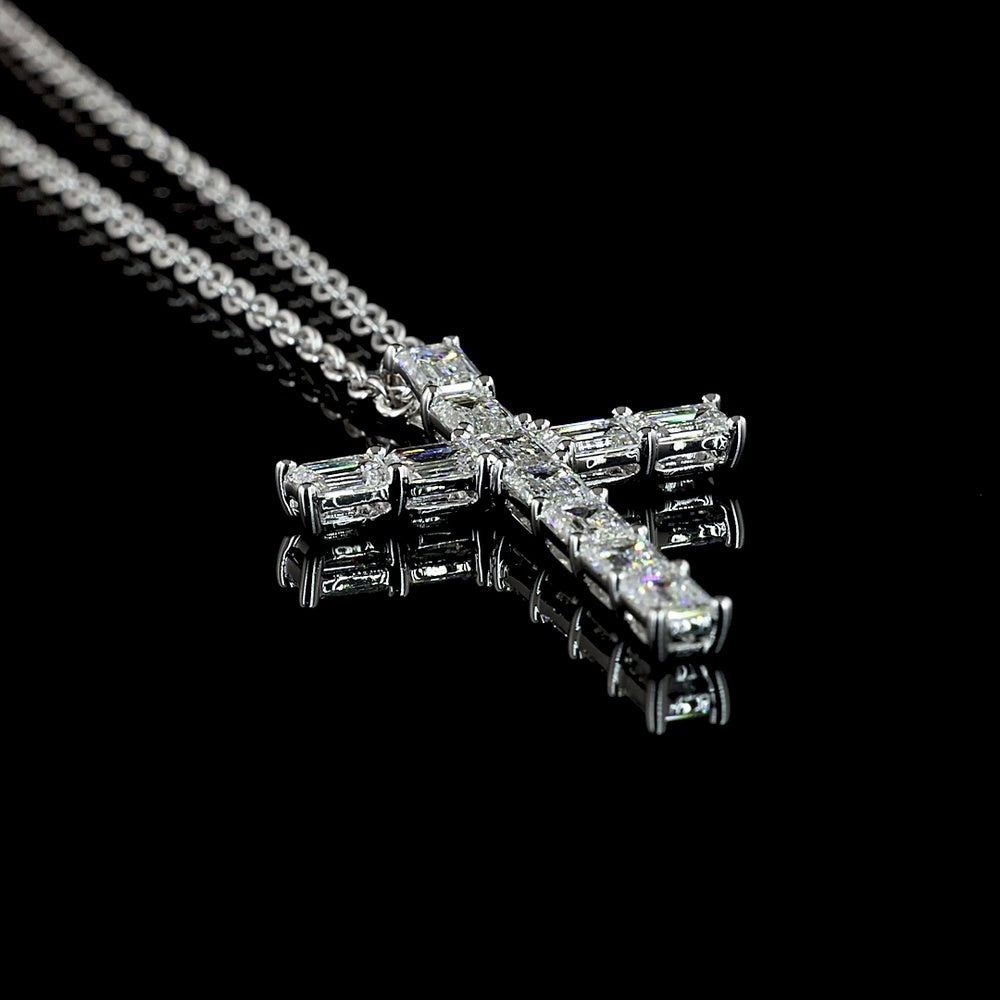 14K White Gold East-West Cross Pendant with 11 Emerald Cut Lab Diamonds - 2.04 Carat Total Weight - Covaloro Fine Jewelry