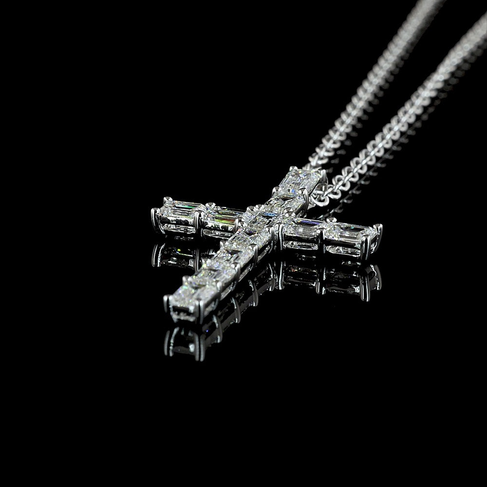 14K White Gold East-West Cross Pendant with 11 Emerald Cut Lab Diamonds - 2.04 Carat Total Weight - Covaloro Fine Jewelry