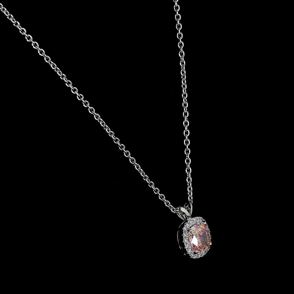 14K White Gold East-West Cushion Modified Halo Pendant with Fancy Orangy Pink Lab Diamond - 1.05 Carats Total Diamond Weight - Covaloro Fine Jewelry
