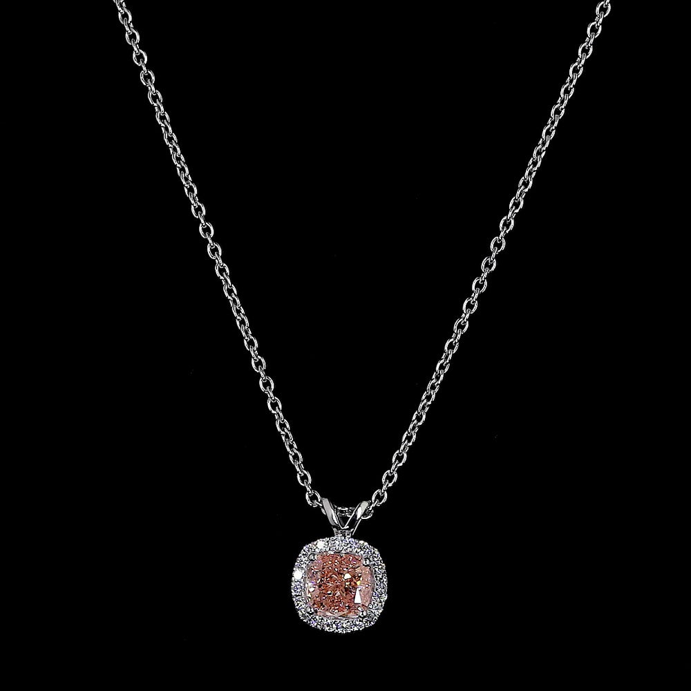 14K White Gold East-West Cushion Modified Halo Pendant with Fancy Orangy Pink Lab Diamond - 1.05 Carats Total Diamond Weight - Covaloro Fine Jewelry