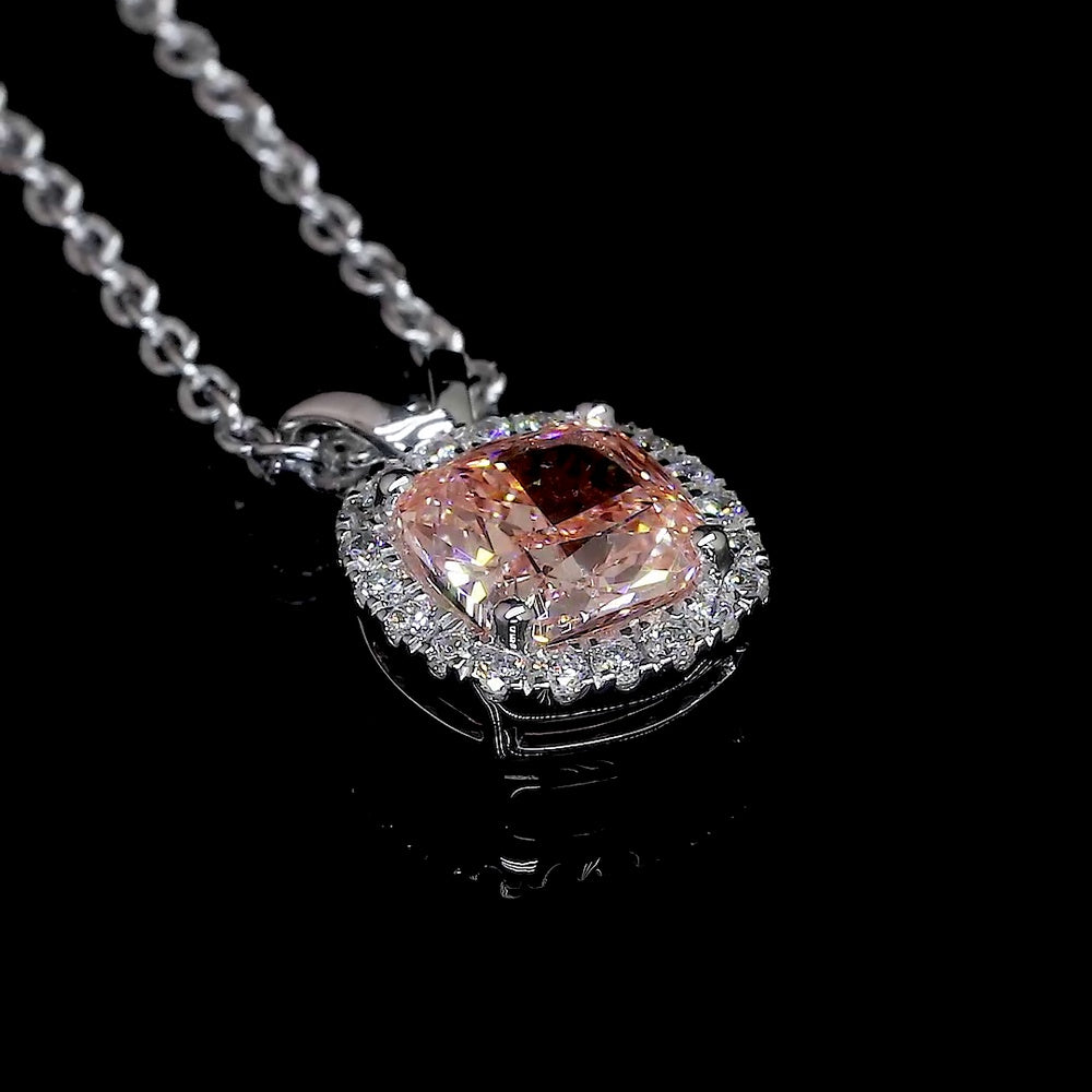 14K White Gold East-West Cushion Modified Halo Pendant with Fancy Orangy Pink Lab Diamond - 1.05 Carats Total Diamond Weight - Covaloro Fine Jewelry