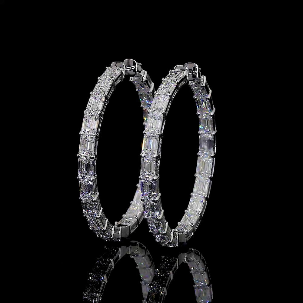14K White Gold East-West Emerald Cut Lab Diamond Hoop Earrings - 40 Stones, 12.45 Carat Total Weight, F VVS1 - Covaloro Fine Jewelry