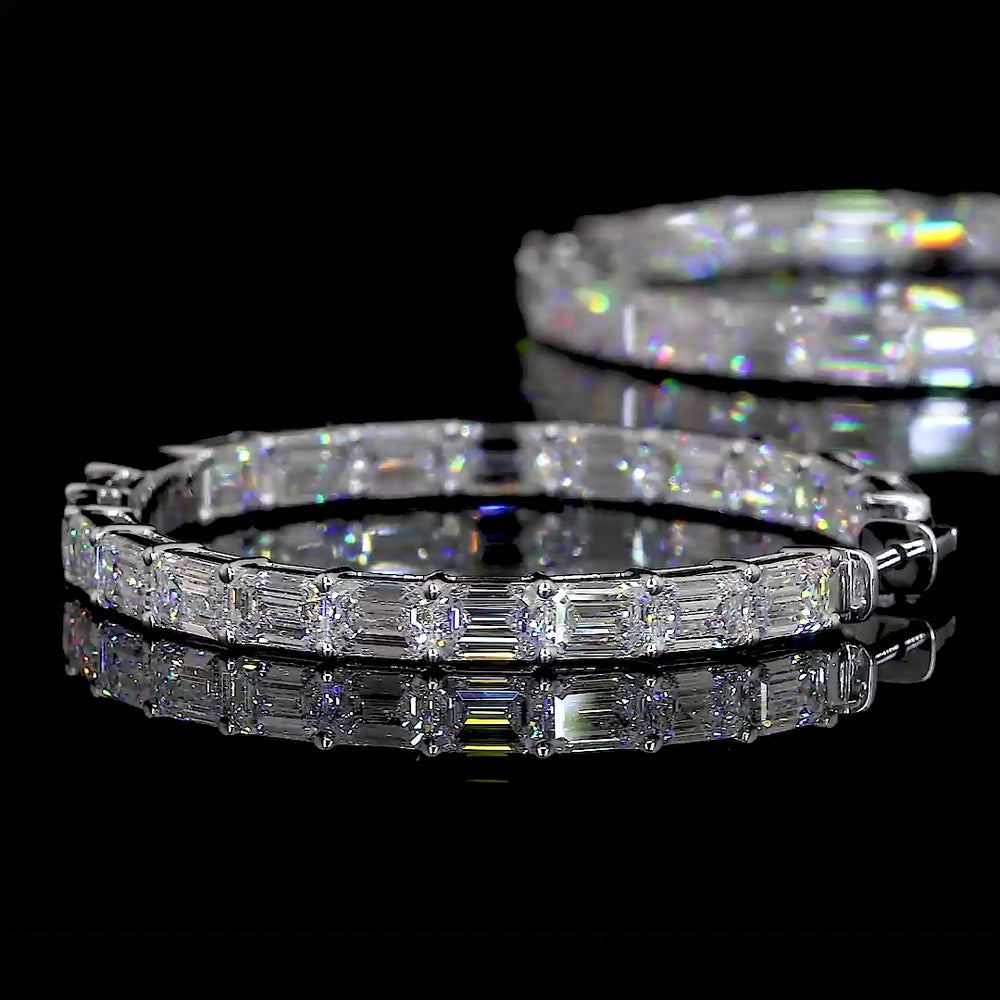 14K White Gold East-West Emerald Cut Lab Diamond Hoop Earrings - 40 Stones, 12.45 Carat Total Weight, F VVS1 - Covaloro Fine Jewelry