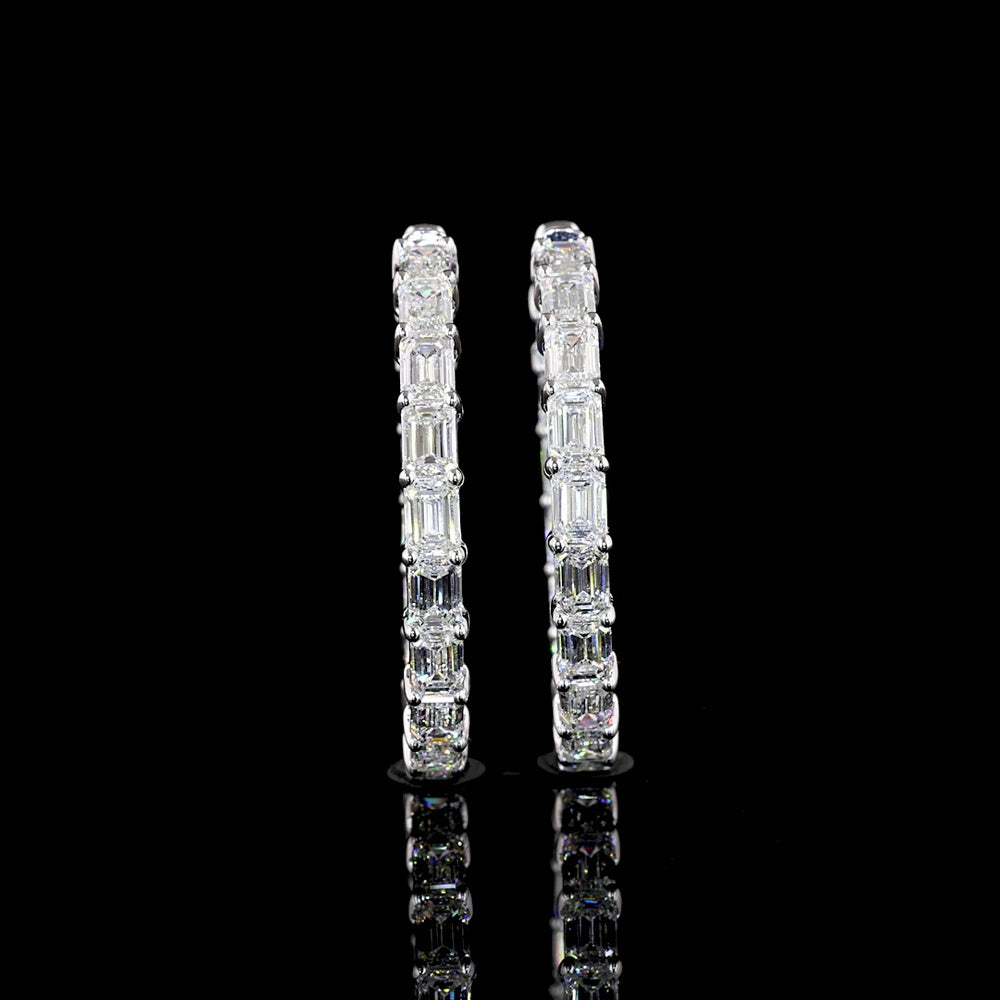 14K White Gold East-West Emerald Cut Lab Diamond Hoop Earrings - 6.90 Carats Total Diamond Weight, D VS2 Quality - Covaloro Fine Jewelry