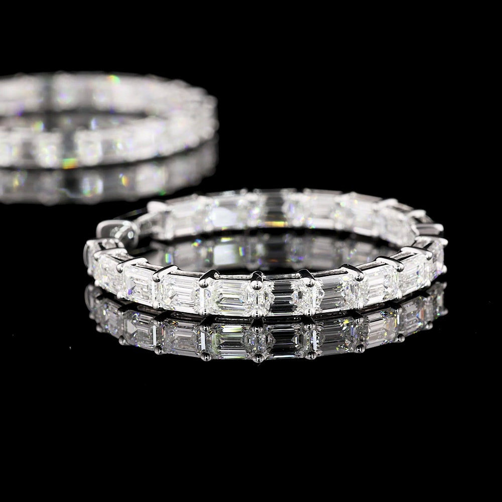 14K White Gold East-West Emerald Cut Lab Diamond Hoop Earrings - 6.90 Carats Total Diamond Weight, D VS2 Quality - Covaloro Fine Jewelry