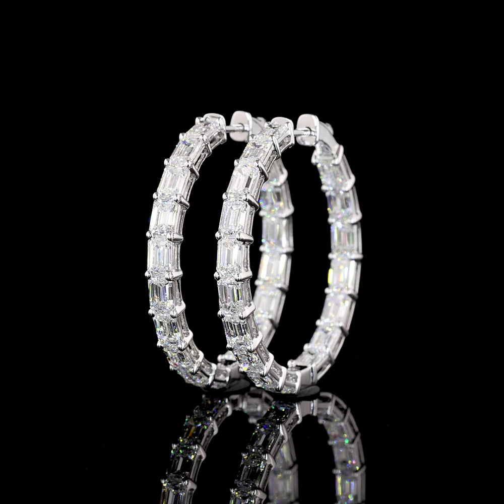 14K White Gold East-West Emerald Cut Lab Diamond Hoop Earrings - 7.12 Carat Total Weight, 34 Stones, E-F Color VS1 Clarity - Covaloro Fine Jewelry