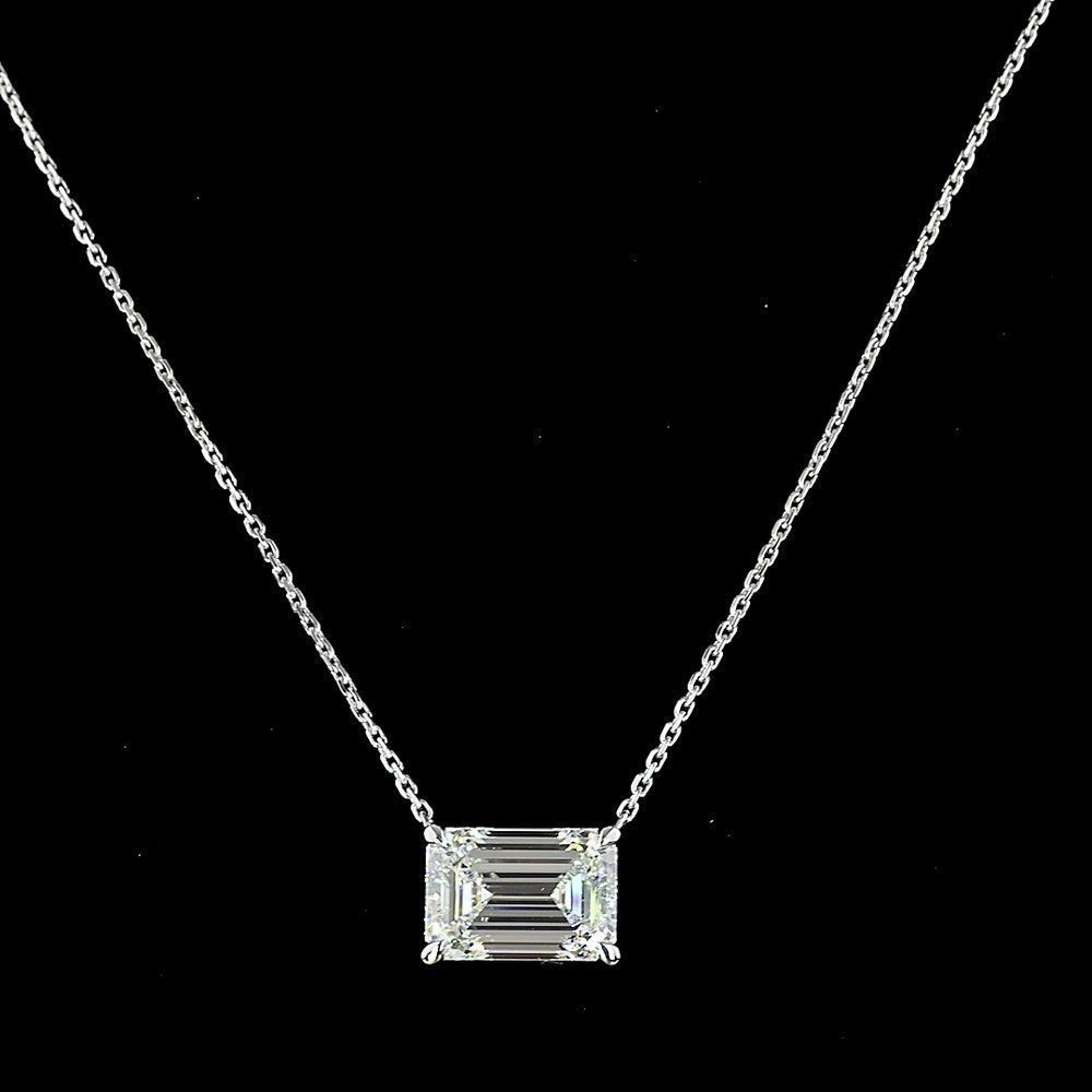 14K White Gold East-West Emerald Cut Lab Diamond Solitaire Pendant - 3.05 Carat Total Weight, E-F Color, VS1 Clarity - Covaloro Fine Jewelry