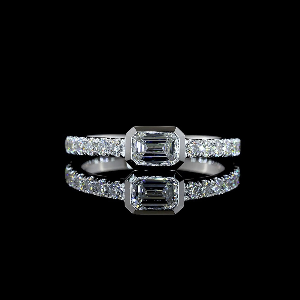 14K White Gold East-West Emerald Cut Lab Diamond Solitaire Ring with Brilliant Cut Diamond Shank - 0.74 Carats Total Diamond Weight - Covaloro Fine Jewelry
