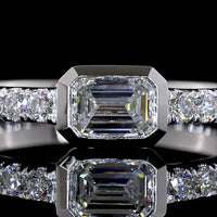 14K White Gold East-West Emerald Cut Lab Diamond Solitaire Ring with Brilliant Cut Diamond Shank - 0.74 Carats Total Diamond Weight - Covaloro Fine Jewelry