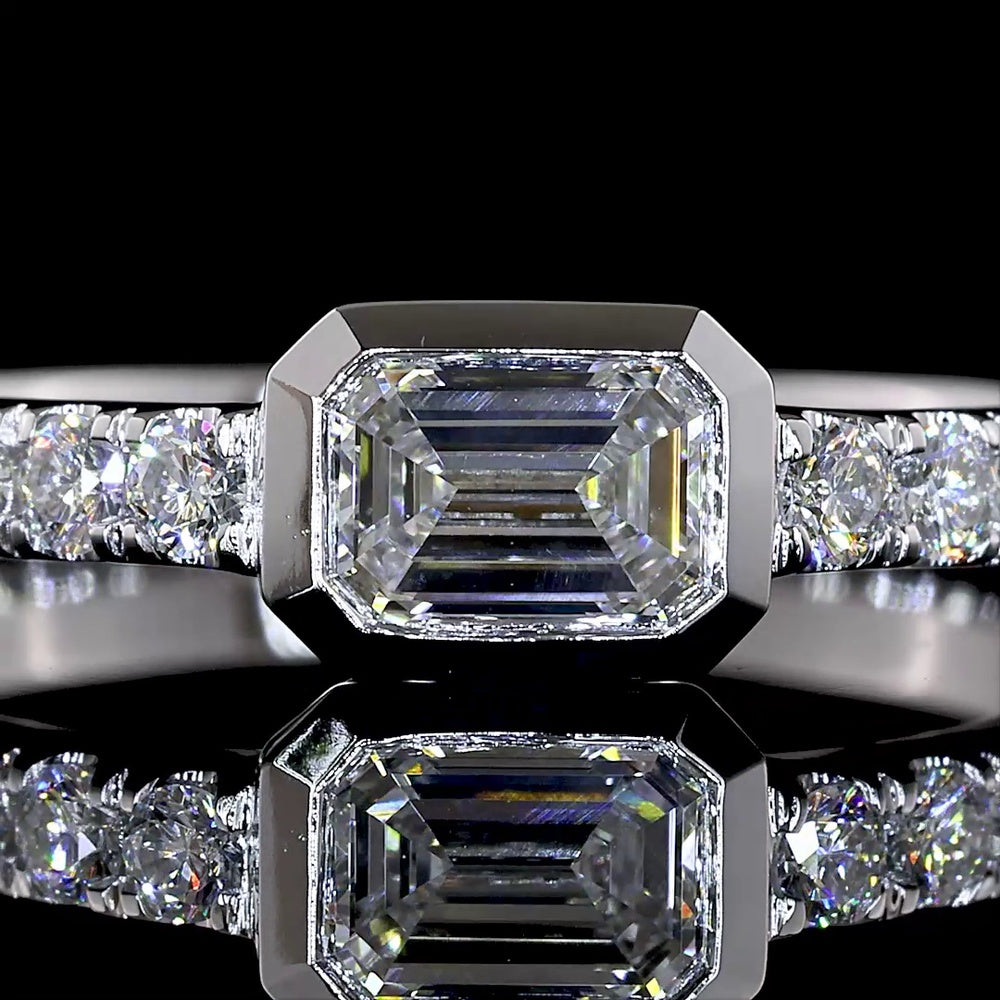 14K White Gold East-West Emerald Cut Lab Diamond Solitaire Ring with Brilliant Cut Diamond Shank - 0.74 Carats Total Diamond Weight - Covaloro Fine Jewelry